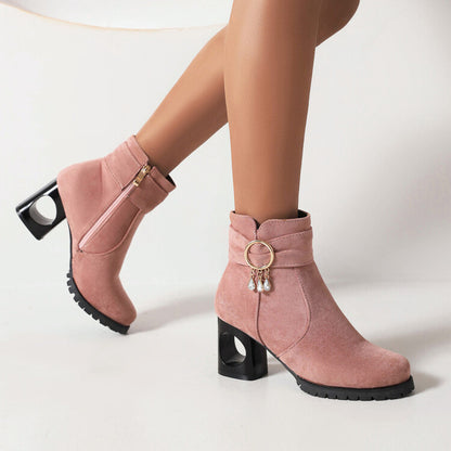 Booties Flock Side Zippers Pearls Tassel Block Heel Ankle Boots for Women