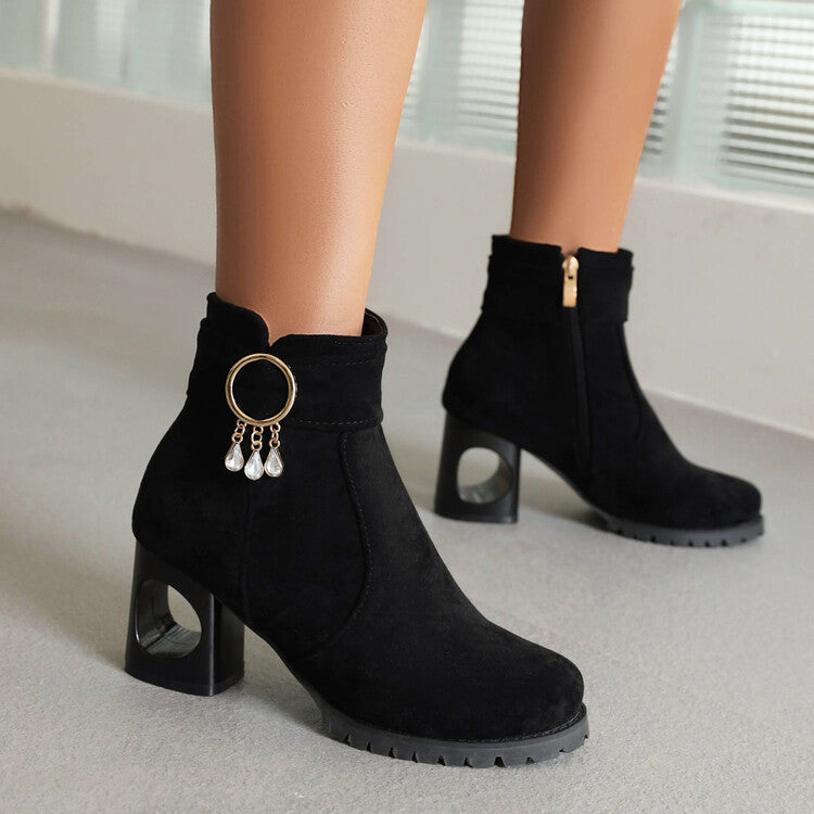 Booties Flock Side Zippers Pearls Tassel Block Heel Ankle Boots for Women