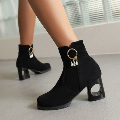 Booties Flock Side Zippers Pearls Tassel Block Heel Ankle Boots for Women