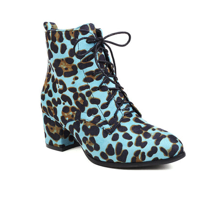 Booties Leopard Print Flock Round Toe Lace Up Block Heel Ankle Boots for Women