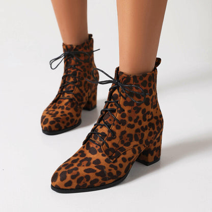 Booties Leopard Print Flock Round Toe Lace Up Block Heel Ankle Boots for Women