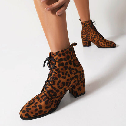 Booties Leopard Print Flock Round Toe Lace Up Block Heel Ankle Boots for Women