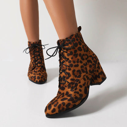 Booties Leopard Print Flock Round Toe Lace Up Block Heel Ankle Boots for Women