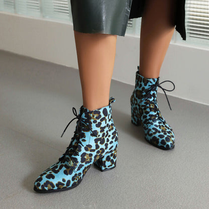 Booties Leopard Print Flock Round Toe Lace Up Block Heel Ankle Boots for Women