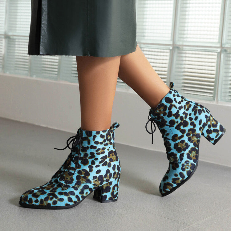 Booties Leopard Print Flock Round Toe Lace Up Block Heel Ankle Boots for Women