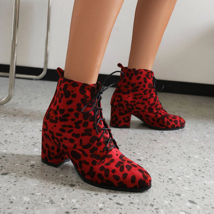 Booties Leopard Print Flock Round Toe Lace Up Block Heel Ankle Boots for Women