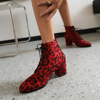 Booties Leopard Print Flock Round Toe Lace Up Block Heel Ankle Boots for Women