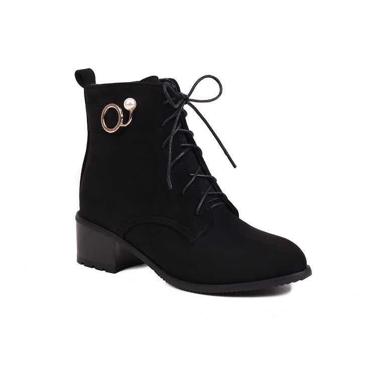 Booties Flock Lace Up Block Heel Ankle Boots for Women