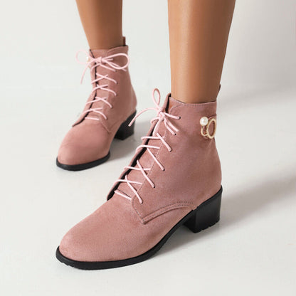 Booties Flock Lace Up Block Heel Ankle Boots for Women