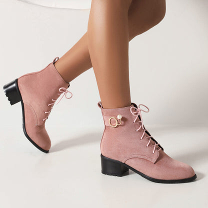 Booties Flock Lace Up Block Heel Ankle Boots for Women