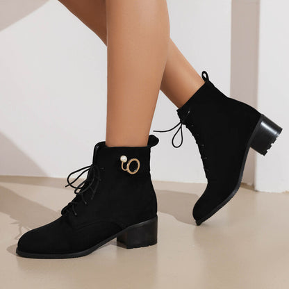 Booties Flock Lace Up Block Heel Ankle Boots for Women