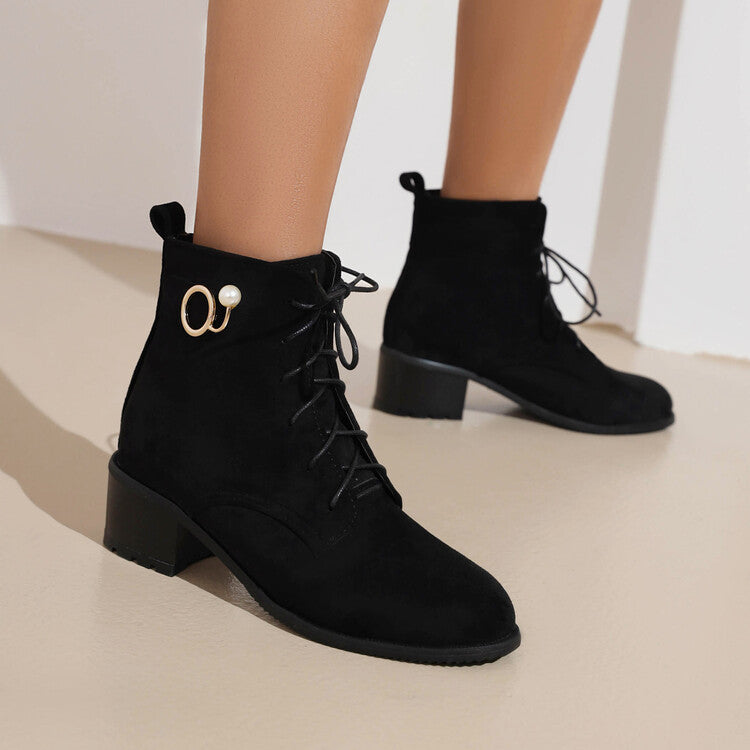 Booties Flock Lace Up Block Heel Ankle Boots for Women