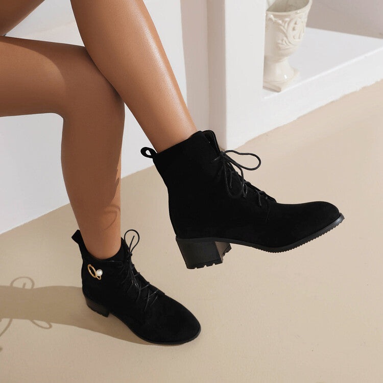 Booties Flock Lace Up Block Heel Ankle Boots for Women