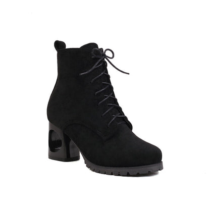 Booties Flock Round Toe Lace Up Block Heel Ankle Boots for Women