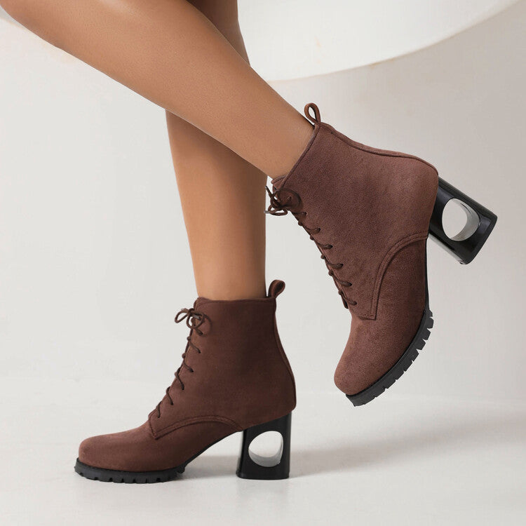 Booties Flock Round Toe Lace Up Block Heel Ankle Boots for Women