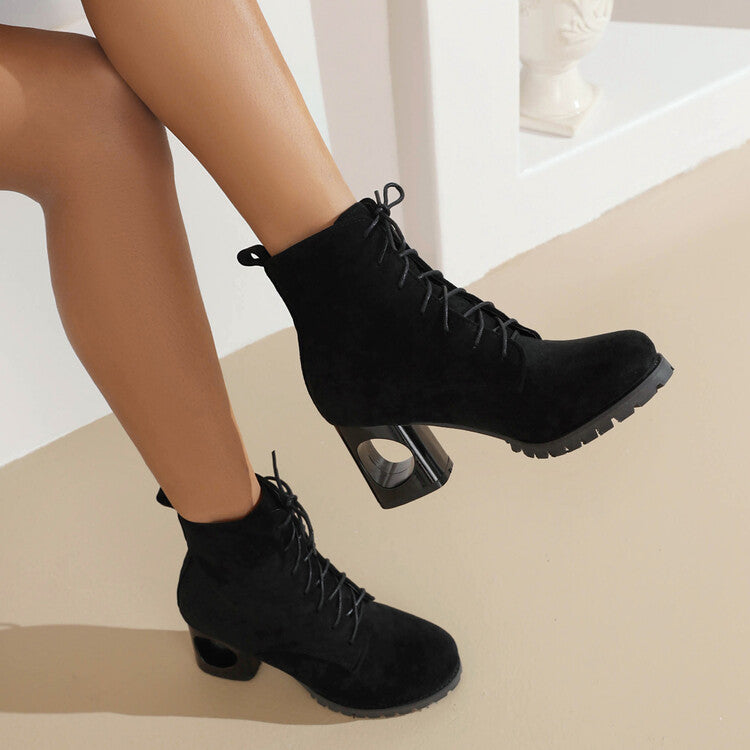 Booties Flock Round Toe Lace Up Block Heel Ankle Boots for Women