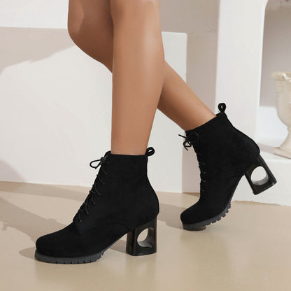 Booties Flock Round Toe Lace Up Block Heel Ankle Boots for Women