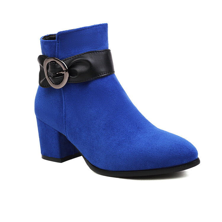 Booties Bicolor Flock Buckle Straps Block Heel Ankle Boots for Women