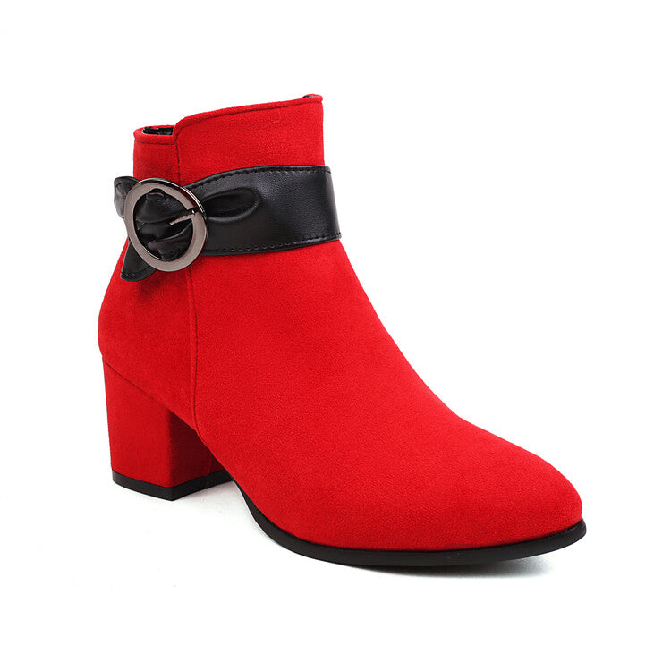 Booties Bicolor Flock Buckle Straps Block Heel Ankle Boots for Women