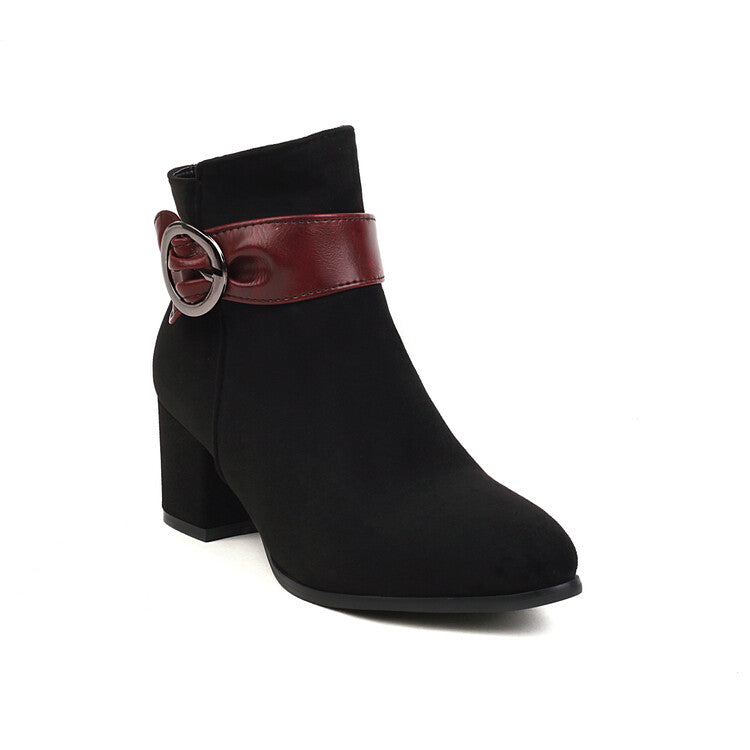 Booties Bicolor Flock Buckle Straps Block Heel Ankle Boots for Women