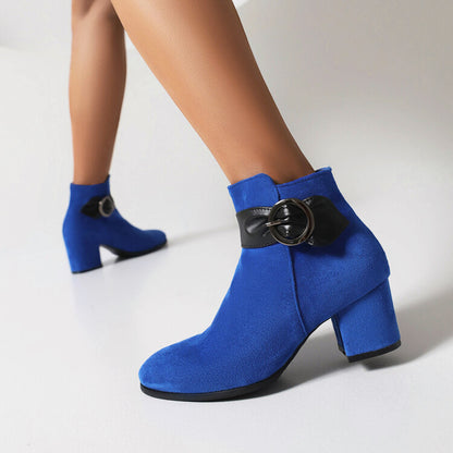 Booties Bicolor Flock Buckle Straps Block Heel Ankle Boots for Women