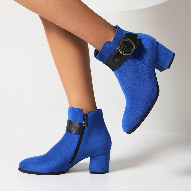 Booties Bicolor Flock Buckle Straps Block Heel Ankle Boots for Women