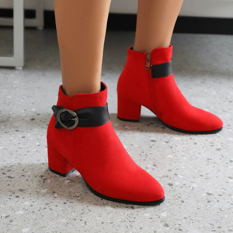 Booties Bicolor Flock Buckle Straps Block Heel Ankle Boots for Women