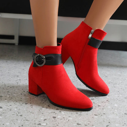 Booties Bicolor Flock Buckle Straps Block Heel Ankle Boots for Women