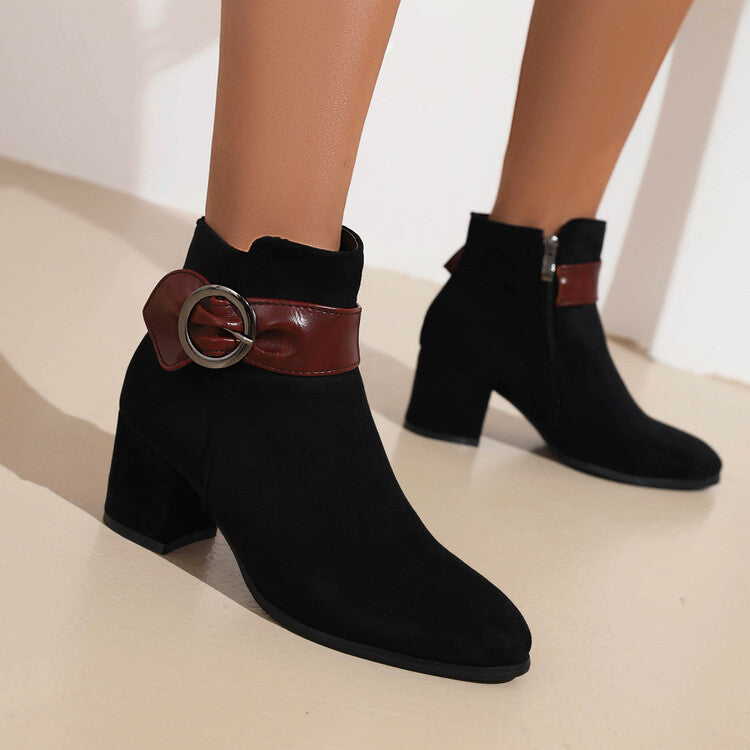 Booties Bicolor Flock Buckle Straps Block Heel Ankle Boots for Women