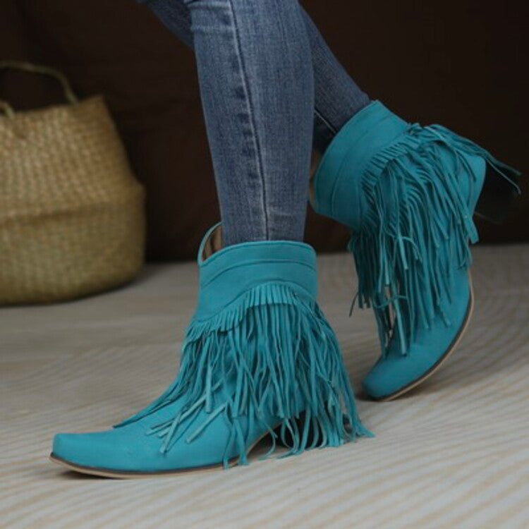 Flock Pointed Toe Tassel Block Chunky Heel Cowboy Ankle Boots for Women