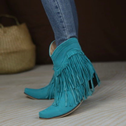 Flock Pointed Toe Tassel Block Chunky Heel Cowboy Ankle Boots for Women