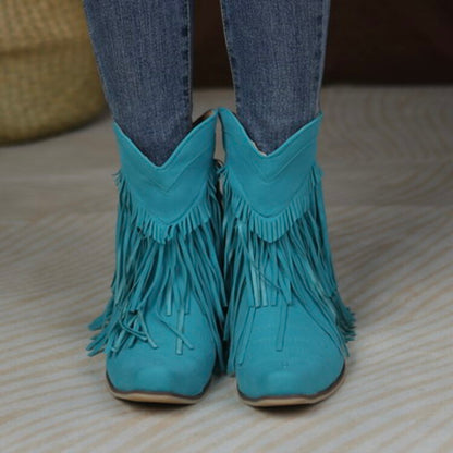 Flock Pointed Toe Tassel Block Chunky Heel Cowboy Ankle Boots for Women