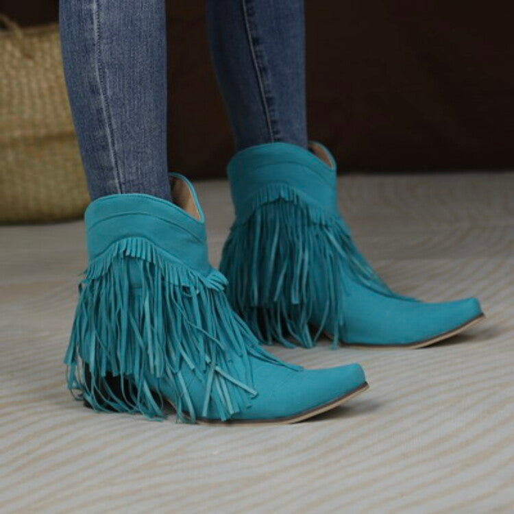 Flock Pointed Toe Tassel Block Chunky Heel Cowboy Ankle Boots for Women