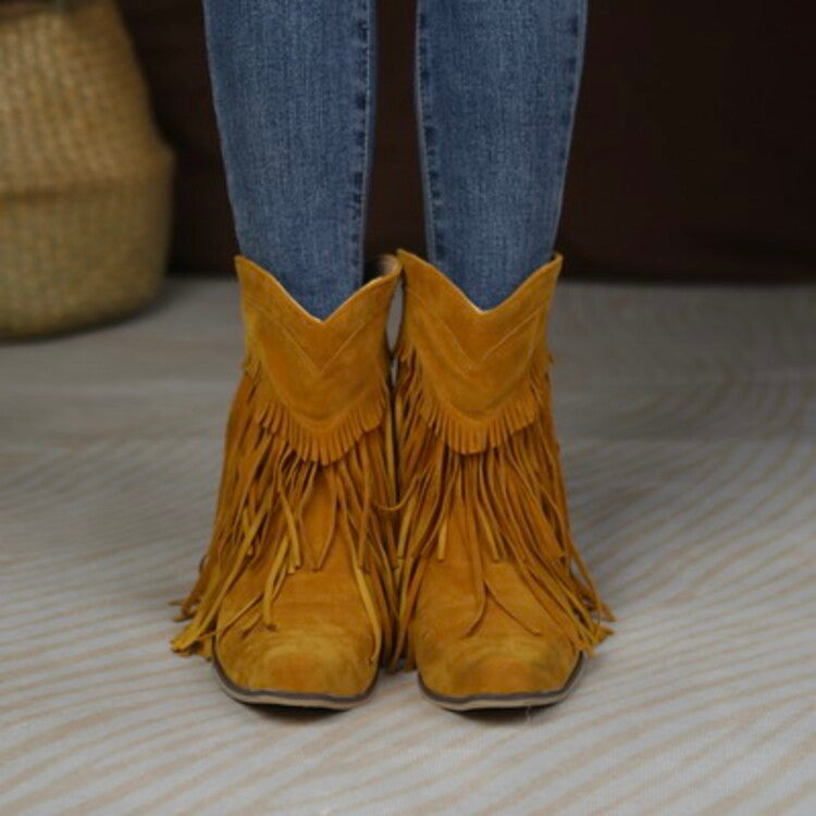 Flock Pointed Toe Tassel Block Chunky Heel Cowboy Ankle Boots for Women