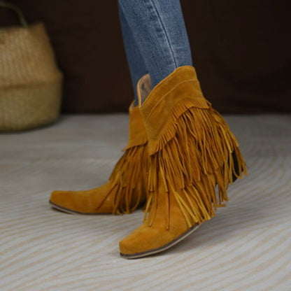 Flock Pointed Toe Tassel Block Chunky Heel Cowboy Ankle Boots for Women