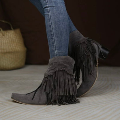 Flock Pointed Toe Tassel Block Chunky Heel Cowboy Ankle Boots for Women