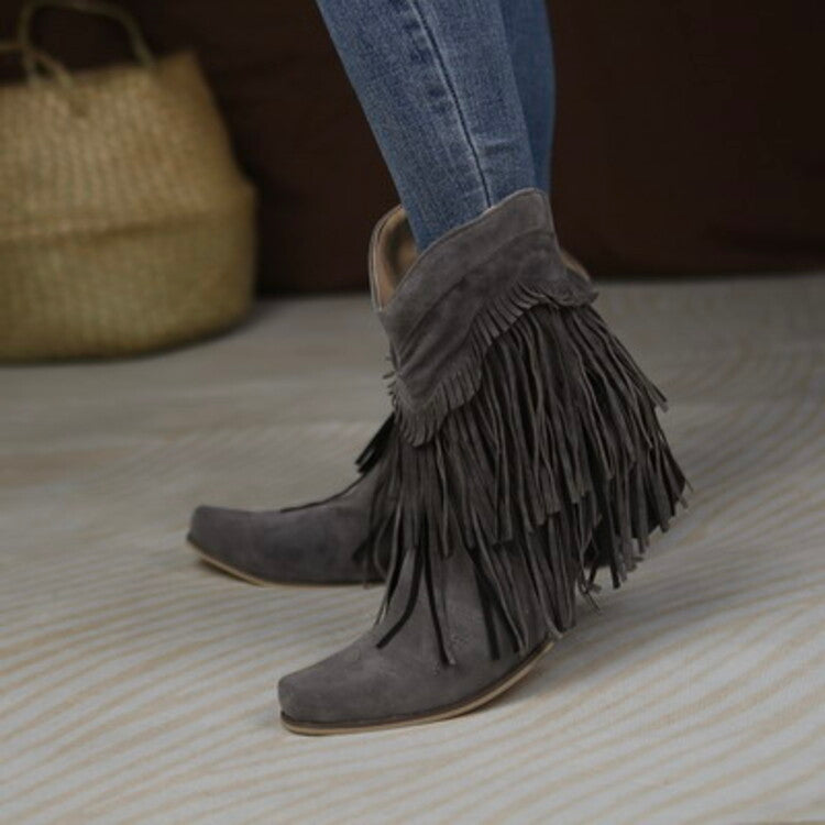 Flock Pointed Toe Tassel Block Chunky Heel Cowboy Ankle Boots for Women