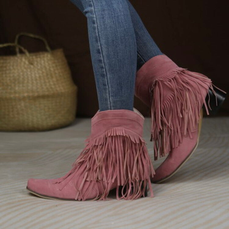 Flock Pointed Toe Tassel Block Chunky Heel Cowboy Ankle Boots for Women