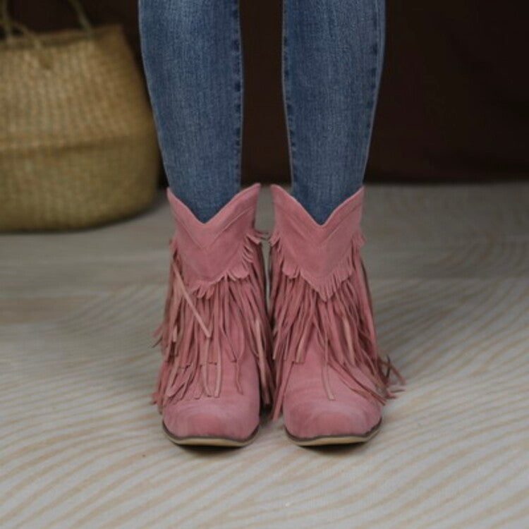 Flock Pointed Toe Tassel Block Chunky Heel Cowboy Ankle Boots for Women