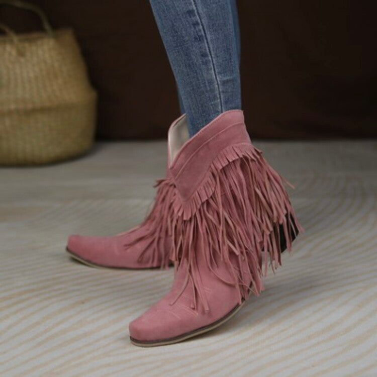 Flock Pointed Toe Tassel Block Chunky Heel Cowboy Ankle Boots for Women