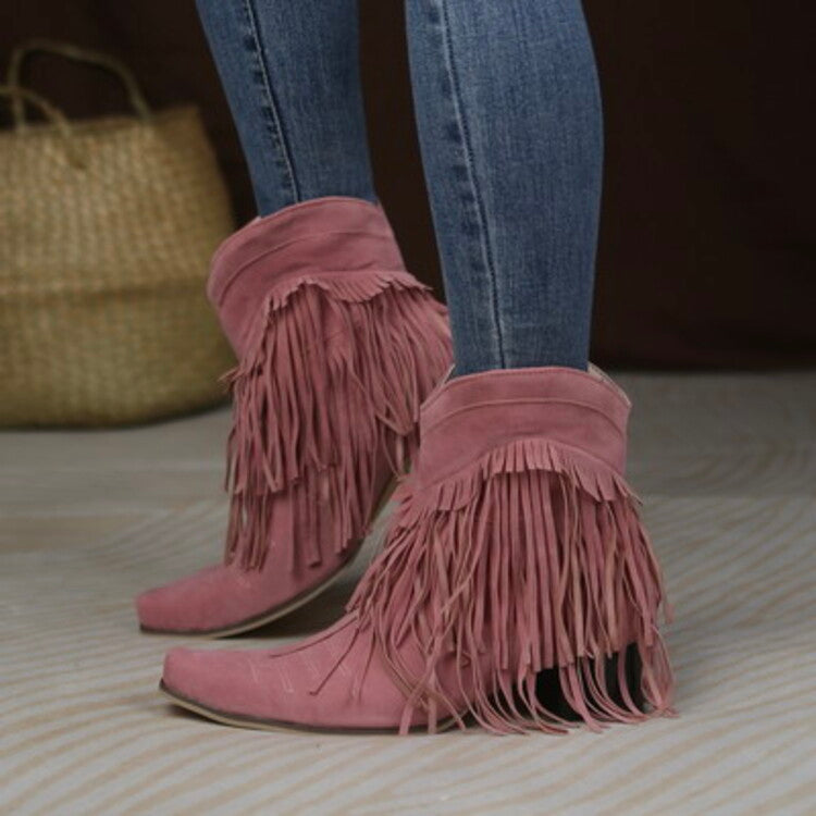 Flock Pointed Toe Tassel Block Chunky Heel Cowboy Ankle Boots for Women