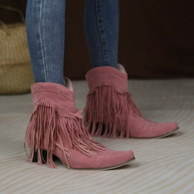 Flock Pointed Toe Tassel Block Chunky Heel Cowboy Ankle Boots for Women