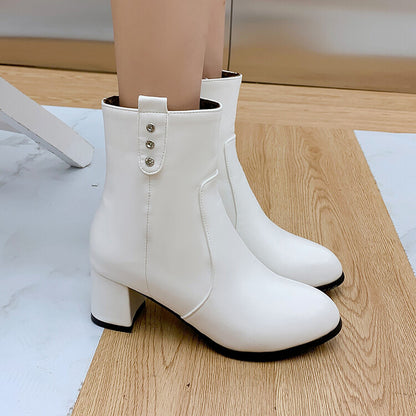 Pu Leather Round Toe Buttons Side Zippers Block Chunky Heel Short Boots for Women