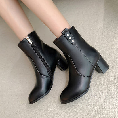 Pu Leather Round Toe Buttons Side Zippers Block Chunky Heel Short Boots for Women