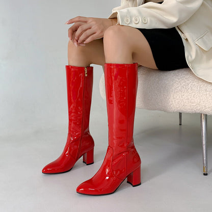 Glossy Side Zippers Block Chunky Heel Knee High Boots for Women