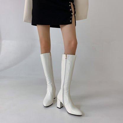 Glossy Side Zippers Block Chunky Heel Knee High Boots for Women