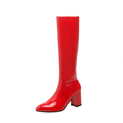 Glossy Side Zippers Block Chunky Heel Knee High Boots for Women