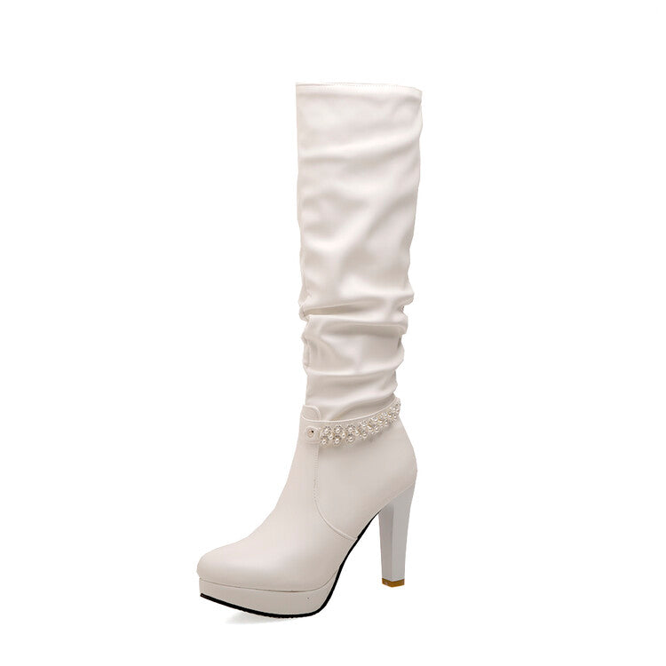 Rhinestone Buckle Straps Side Zippers Block Chunky Heel Platform Knee High Boots for Women