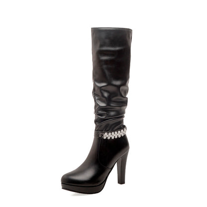 Rhinestone Buckle Straps Side Zippers Block Chunky Heel Platform Knee High Boots for Women