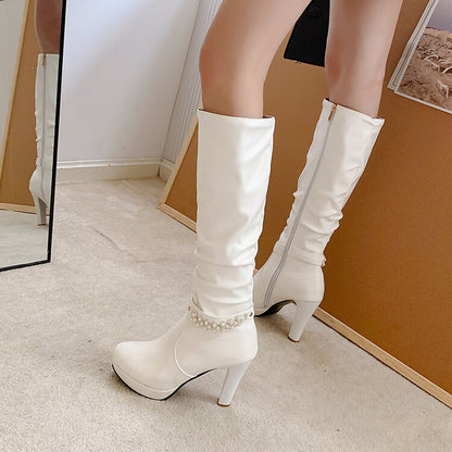 Rhinestone Buckle Straps Side Zippers Block Chunky Heel Platform Knee High Boots for Women